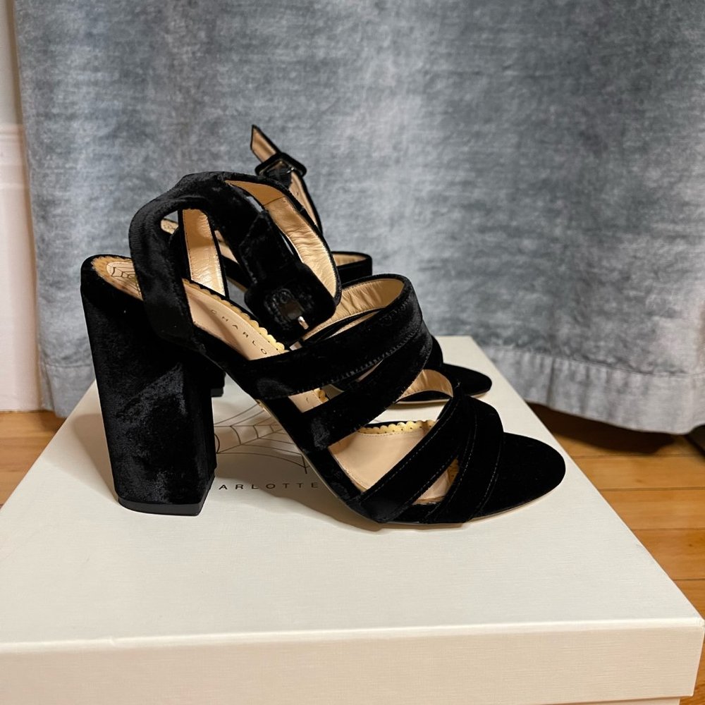 Charlotte Olympia Christie black velvet strappy heel sz 37